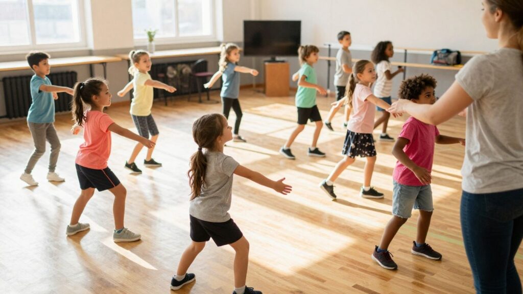 Children dancing together in a bright studio.