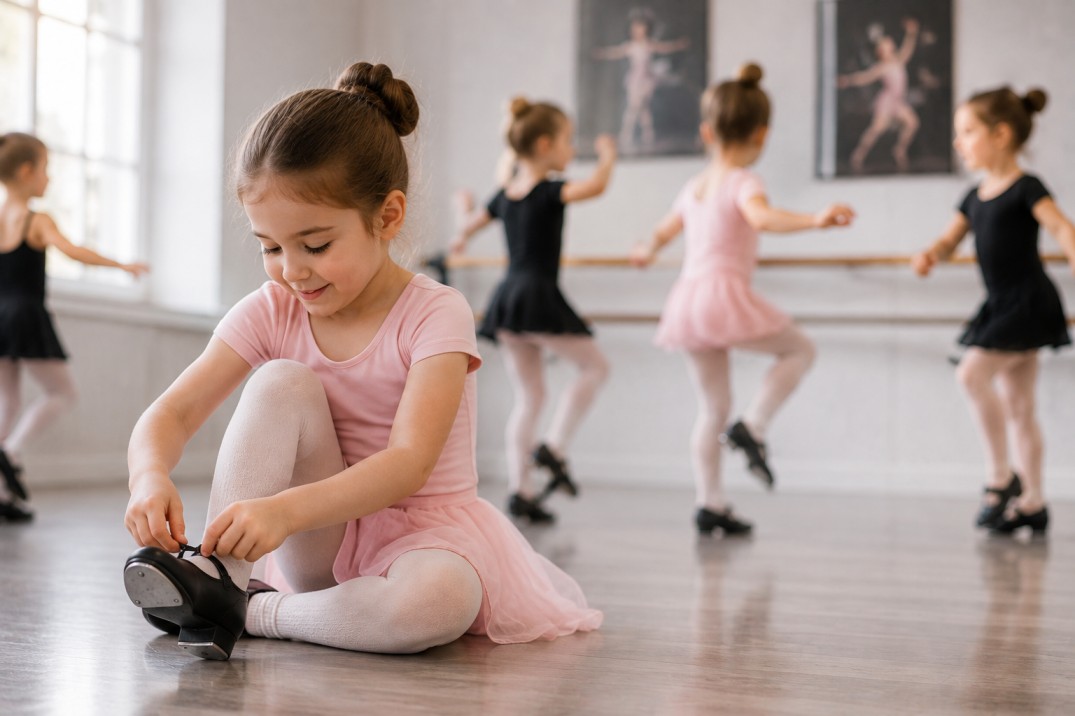 Young child putting on tap shoes in a dance class