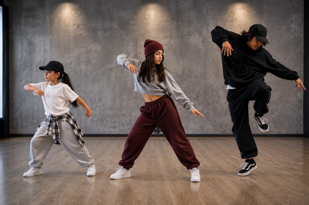Dancers practicing hip hop at different skill levels