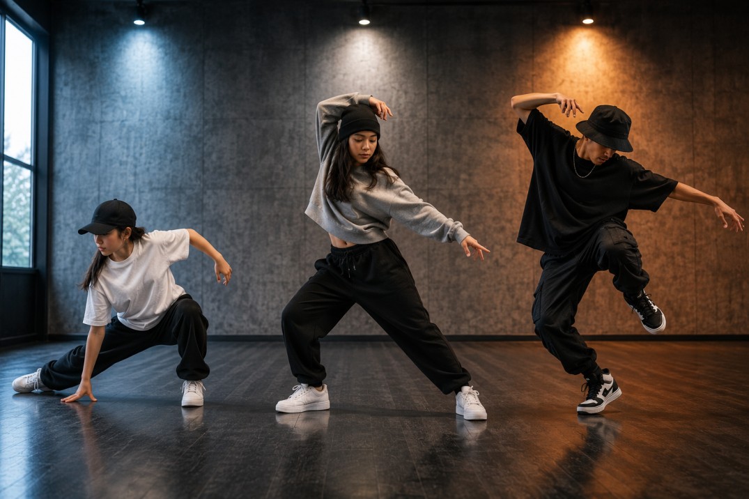 Hip hop dancers practicing different skill levels in a dance studio