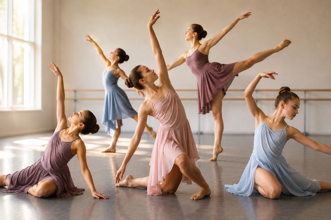 Children practicing lyrical dance to music in a studio