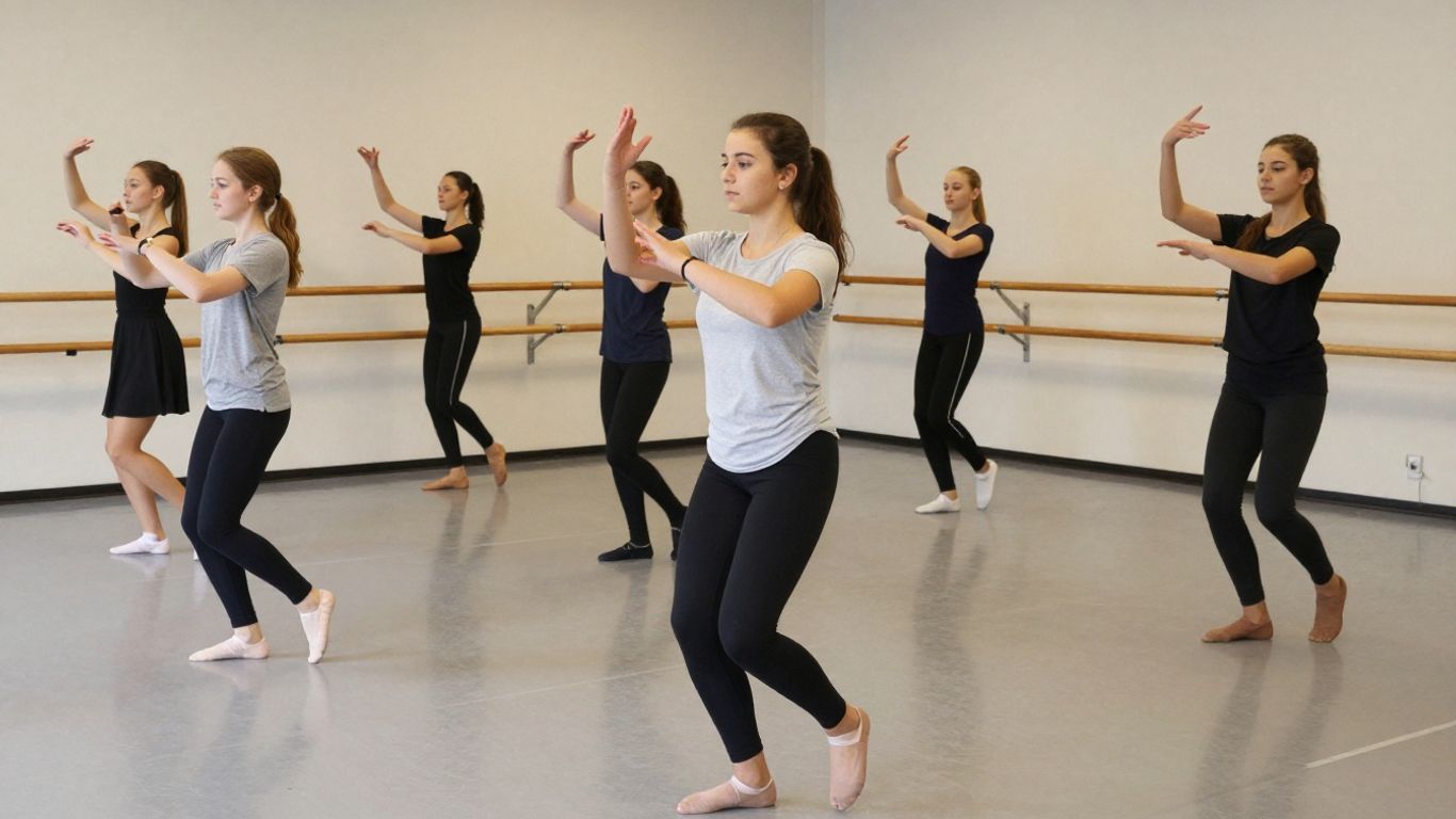 Teen Contemporary Dancers Moving Together Across A Studio Floor
