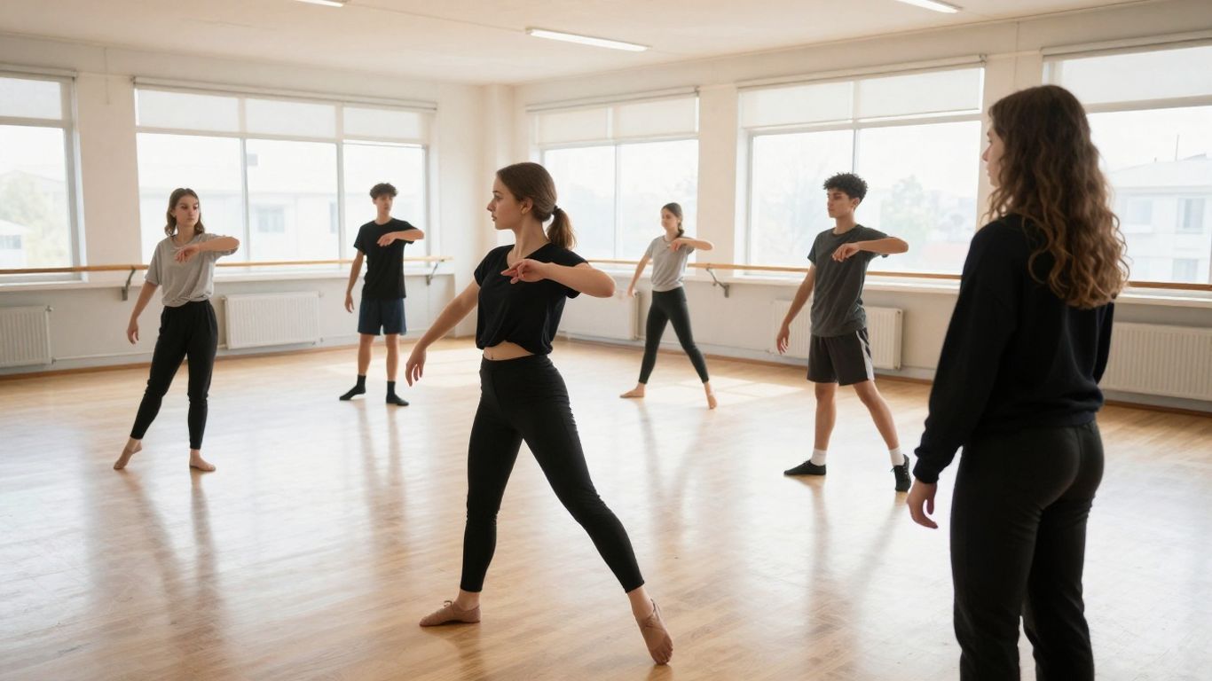 Teen Dancers Practising Contemporary Movement In A Bright Studio